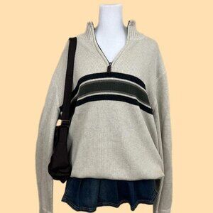 beige black and green striped ribbed quarter zip sweater